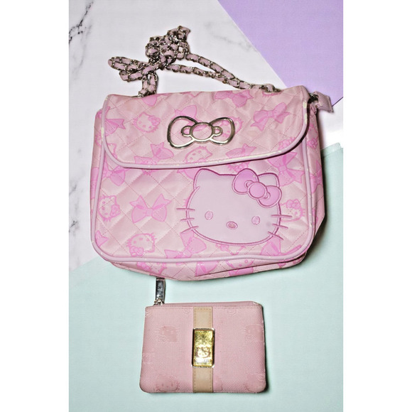 Hello Kitty Pink Quilted Shoulder Bag & Matching Wallet Set – Bow Print – Read - Picture 13 of 15